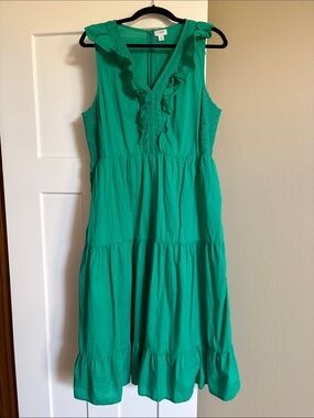 J Crew Green Ruffled V-Neck Tiered Midi Dress Size 14